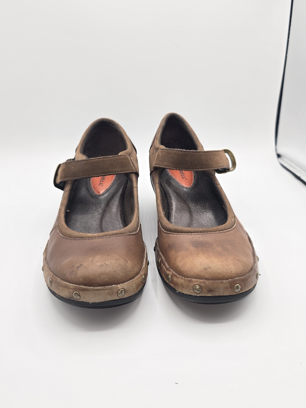 Merrell Luxe MJ Coffee Brown Leather Studded Mary Jane Clogs Women US 8 EU 38.5